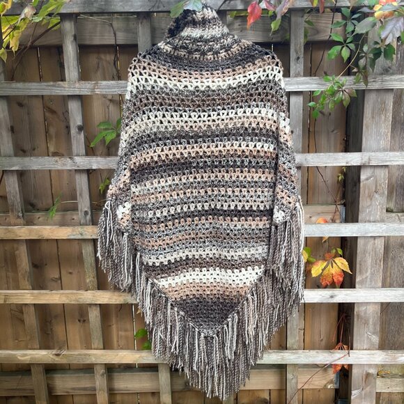 Vintage Hand-Crocheted Fringe Poncho – Neutral Stripes - Picture 3 of 3